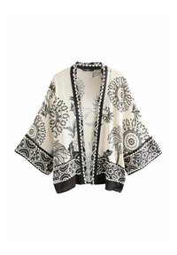 Mustan ja valkoisen kimono-tyylinen takki, jossa on kukka- ja paisley-kuvioita, lyhyet hihat, avoin etuosa ja koristeellinen viimeistely reunoilla.