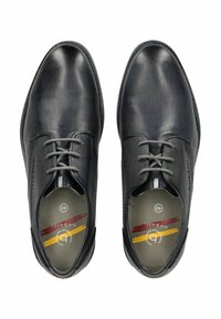 Scarpe eleganti nere con motivo, texture liscia, punta arrotondata e lacci grigi; l'interno presenta un logo multicolore e un'indicazione della taglia.