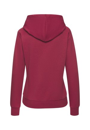 Burgunderfarbener Hoodie aus strukturiertem Stoff, mit langen Ärmeln, einer Kängurutasche und einer Kapuze mit Zugband. Der Saum und die Bündchen sind gerippt.