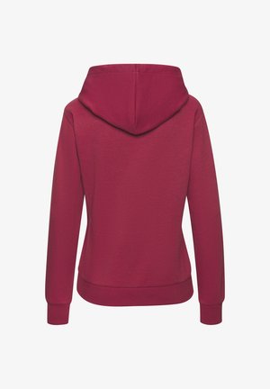 Maroon hoodie featuring a textured fabric, long sleeves, a kangaroo pocket, and a drawstring hood. The hem and cuffs are ribbed.