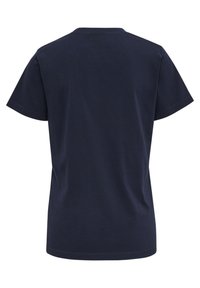 Mörkblå bomull t-shirt med korta ärmar, rund halsringning och avslappnad passform. Slät textur utan synliga mönster eller detaljer.