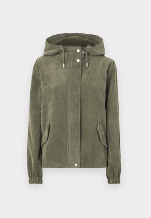 Groene corduroyjas met capuchon, voorzien van een volledige ritssluiting aan de voorkant, trekkoorden, twee zijzakken en geribde manchetten.