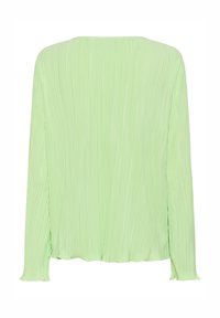 Haut vert clair à manches longues avec une texture plissée, un col arrondi et des poignets élastiqués, conçu pour une coupe décontractée.