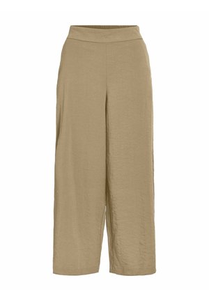 Pantalon beige large et court avec taille élastique et sans poches visibles, adapté pour une tenue décontractée ou de bureau.
