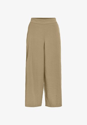 Pantalon beige large et court avec taille élastique et sans poches visibles, adapté pour une tenue décontractée ou de bureau.