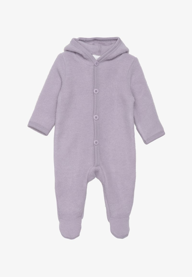 Lavender-farbener Baby-Overall aus weichem Material, mit Kapuze, langen Ärmeln, vorderer Knopfleiste und Fußdesign für zusätzliche Wärme.
