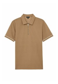 Kortærmet polo-shirt i tan stof med lynlås. Har kontrastfarvet hvid kant på ærmerne og har et klassisk kravedesign.