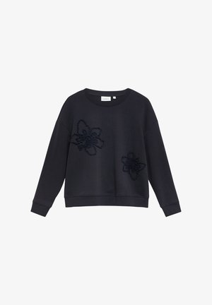 Czarna bluza z długim rękawem, okrągłym dekoltem, ściągaczami na rękawach i dole, z dwoma teksturowanymi aplikacjami kwiatowymi na przodzie.