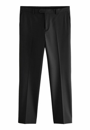 Pantalones negros con frente plano, perneras rectas, dos bolsillos delanteros y cierre de un solo botón. Tejido liso sin patrones visibles.