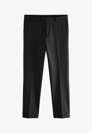 Black trousers with a flat front, straight legs, two front pockets, and a single button closure. Smooth fabric with no visible patterns.