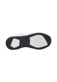 White sneaker sole with a textured black rubber outline. Features a geometric pattern on white rubber sections and branding in black.