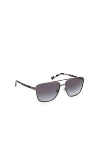 Sunglasses med en metallisk grå ram, fyrkantig form, graduerade mörka linser och mönstrade svart och grå skalmar. Inkluderar näskuddar.