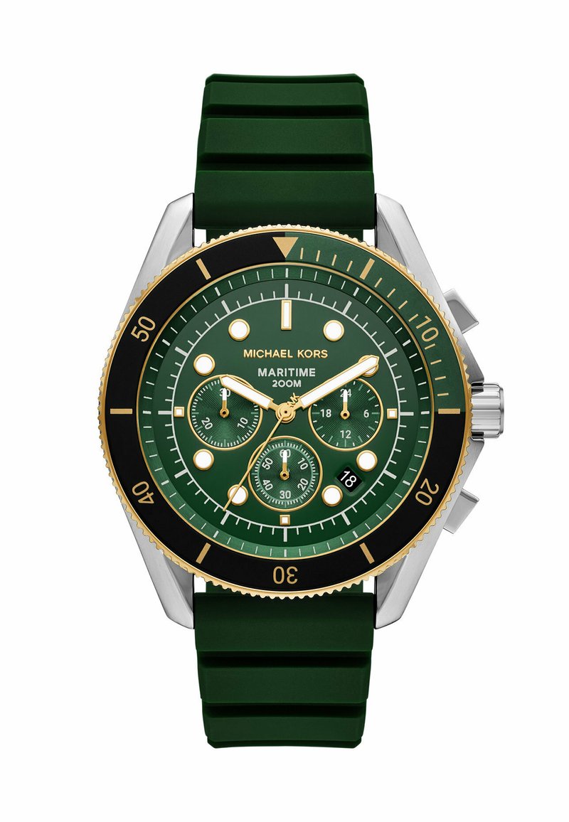Reloj con correa de silicona verde y esfera redonda verde. Incluye acentos en dorado, tres subesferas y un bisel negro con marcas de minutos.