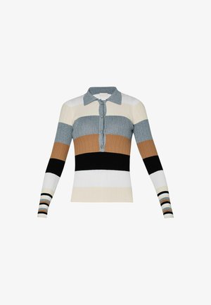 Maglione a coste con colletto, caratterizzato da strisce grigio, beige, marrone, nero e bianco; apertura con bottoni e maniche lunghe.