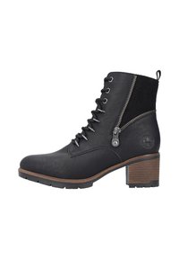 Bottines noires en cuir texturé, avec un laçage à l'avant, une fermeture éclair sur le côté et un talon en bois empilé. Accentuées d'un logo.