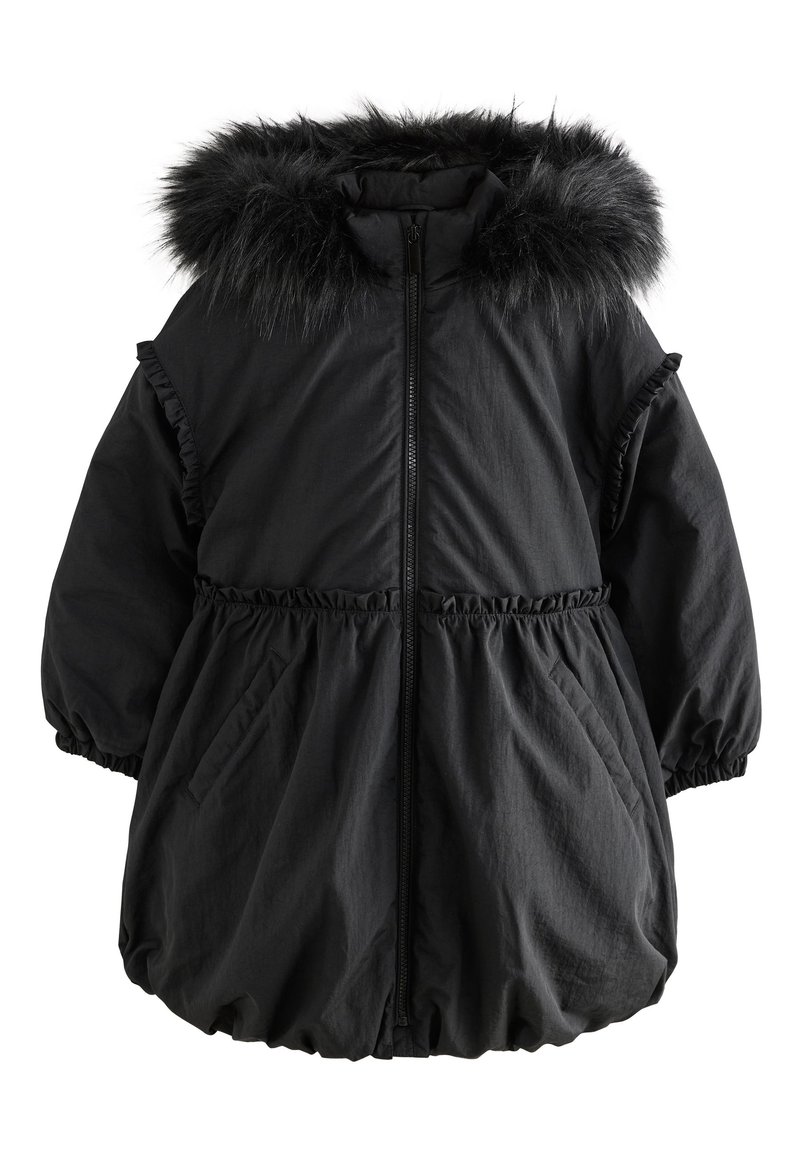 Black coat with faux fur hood, ruffled sleeves, elastic waist, and zip front. Made from lightweight material with a textured finish.