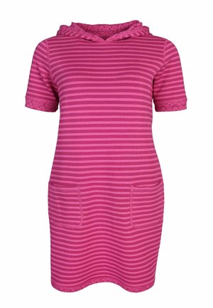 Rosa gestreiftes Kapuzenkleid mit kurzen Ärmeln, das zwei Fronttaschen und Blumenmusterakzente an der Kapuze und den Ärmeln aufweist.