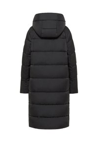 Czarna kurtka puchowa z kapturem, z pikowanym wzorem, długimi rękawami i długością do kolan. Gładka, błyszcząca tekstura na zewnątrz.