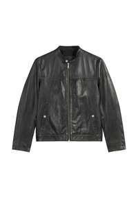 Schwarze Lederjacke mit hohem Kragen, Frontreißverschluss und Seitentaschen. Hat eine glatte Textur und horizontale Nahtdetails.