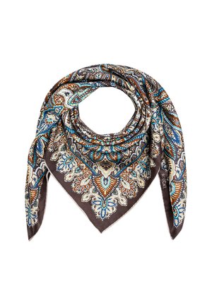 Silk scarf with intricate paisley and floral patterns in brown, blue, white, and beige tones, folded into a triangle shape.