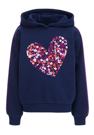 Mørkeblå hættetrøje med blomsterhjerte i pink, hvid, orange og lilla på forsiden, med lange ærmer med lilla sidelister.