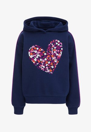 Mørkeblå hættetrøje med blomsterhjerte i pink, hvid, orange og lilla på forsiden, med lange ærmer med lilla sidelister.