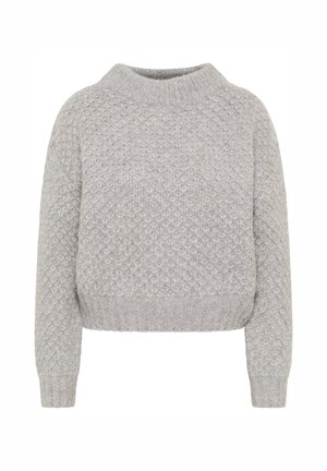 Pull en tricot gris clair avec un motif en losanges texturé, col rond et poignets et ourlet côtelés. Coupe légèrement raccourcie.