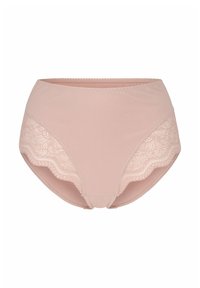 Höga beiga underkläder med spetsdetaljer på sidorna, slät tyg och vågiga kanter, med en bekväm design.