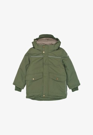 Giubbotto invernale verde per bambini con cappuccio staccabile, due tasche frontali con patta, bottoni a pressione e fodera interna in pile.