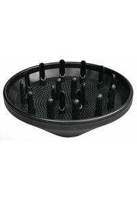 Black round hair diffuser with multiple elongated openings and a textured surface; designed to attach to a hair dryer for curly hair drying.