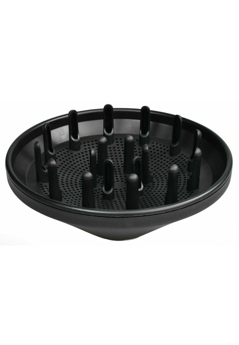 Black round hair diffuser with multiple elongated openings and a textured surface; designed to attach to a hair dryer for curly hair drying.