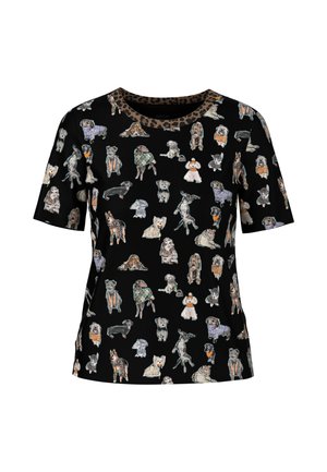 Black t-shirt featuring an all-over print of various dog illustrations. Short sleeves and a leopard print neckline for added detail.