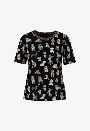 Black t-shirt featuring an all-over print of various dog illustrations. Short sleeves and a leopard print neckline for added detail.