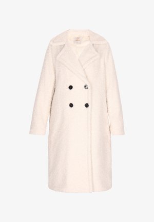 Fehér, kétsoros kabát, texturált anyagból, fekete gombokkal és kiemelt gallérral. Hosszú ujjú és félhosszú kialakítású.