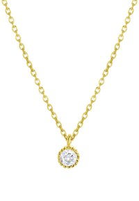 Gouden ketting met een ronde, heldere edelsteen hanger met een gestructureerde zetting. Eenvoudig en elegant ontwerp.