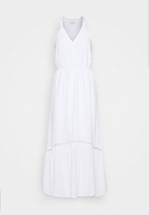 Robe maxi blanche avec un décolleté en V, sans manches, taille froncée et jupe à volants ornée d'accents de dentelle le long de l'ourlet.