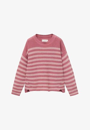 Roza prugasta majica napravljena od teksturirane pletene tkanine. Ima okrugli izrez, duge rukave i bočne proreze na rubu.