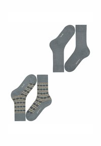 Graue Socken mit kontrastierenden Musterdesigns; eine einfarbig und eine mit einem geometrischen Druck in Beige und Schwarz. Weiche Stofftextur.