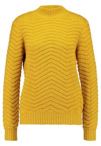 Žlutý pletený svetr s texturovaným vzorem ve tvaru rybí kosti, s vysokým límcem a dlouhými rukávy, s žebrovanými manžetami a lemem.