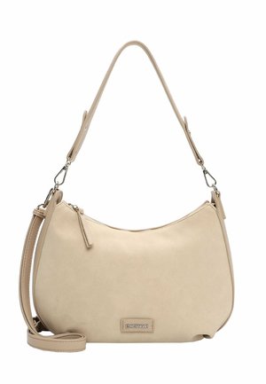 Bolso de hombro de cuero beige con cremallera plateada, correa ajustable y desmontable, y etiqueta "EMILY&NOAH" en el frente.
