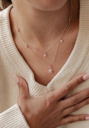 Woman's hand on chest, wearing layered gold necklaces with small flower pendants, and a cream-colored ribbed sweater.