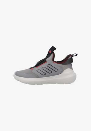 Gray athletic shoe with a breathable mesh upper, decorative red stitching, elastic strap, and a white cushioned sole. Features three black stripes.