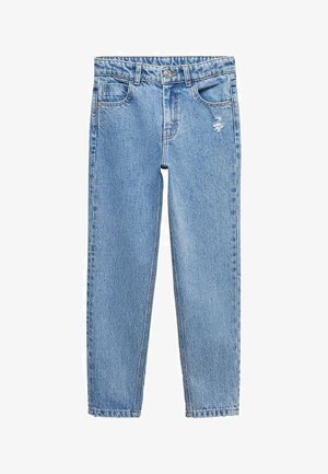 Jasnoniebieskie jeansy z denimu o lekko wyblakłym wykończeniu, prostym kroju nogawek, pięcioma kieszeniami oraz przetarciem z przodu.