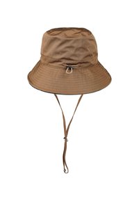 Bruine bucket hat gemaakt van waterafstotende stof. Beschikt over een brede rand, verstelbare kinband en een gestructureerd oppervlak met stiksel details.