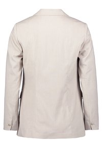 Helle beige Blazer mit taillierter Passform, strukturierten Schultern, zwei seitlichen Taschen und knöpfbaren Manschetten; glattes, strukturiertes Material.