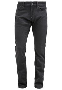 Vaqueros de mezclilla negra con un ajuste ceñido, cinco bolsillos, cierre de cremallera y botón. Presentan una textura sutil y detalles mínimos de costuras.