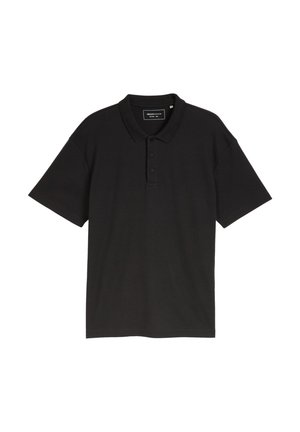 Fekete polo póló, texturált pamut anyagból készült, klasszikus gallérral és rövid ujjal, három gombbal az elején és egyenes szegéllyel.