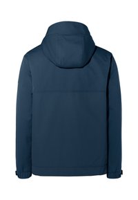 Veste d'extérieur bleu marine avec capuche, présentant une texture lisse et une coupe droite. L'arrière n'a aucun logo ou motif visible.