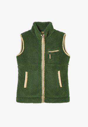 Grüner Fleece-Weste mit hohem Kragen, beigem Reißverschluss und Taschenakzenten, zwei seitlichen Taschen und strukturiertem Stoff für Wärme.