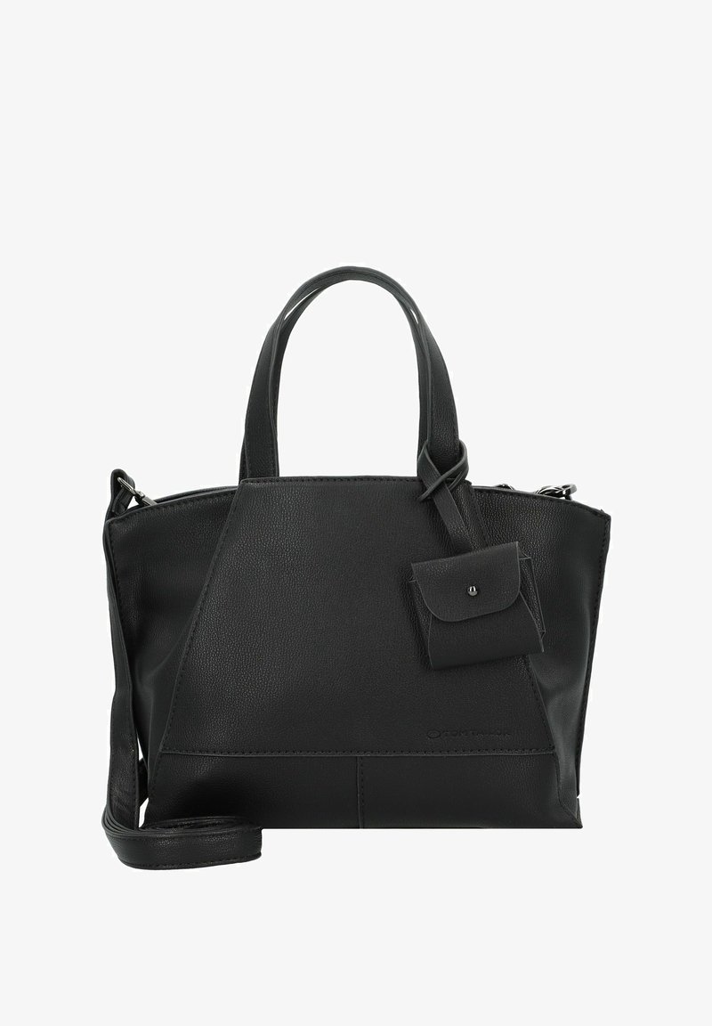 Borsa a mano nera in pelle con un design strutturato, doppi manici e una piccola pochette rimovibile. Presenta una superficie texture e accenti minimalisti.